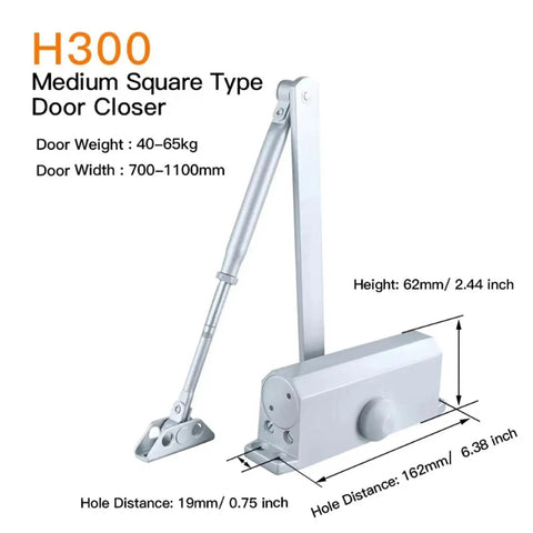 Adjustable Aluminum Door Closer With Soft Close No Drill Install For 40-65 Kg Doors, silver-gray in detailed view with dimensions