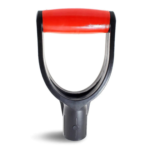 Close-up of 2 Pack Red D Grip Shovel Handles For 1-1/4 Inch Shovels, Plastic Replacement Grips With 32mm Inner Diameter.