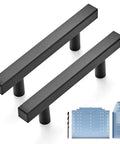 Two matte black cabinet pulls with drill mounting template, part of Matte Black Cabinet Pulls Set Of 25, 3 Inch Stainless Steel Kitchen Cabinet Handles.