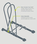 Diagram of Two Pack Adjustable Floor Bike Stands For Mountain, Fat Tire And Road Bikes, showing features and tool-free setup.