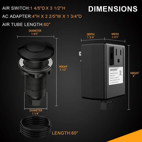 Dimensions of Air Switch Kit For Garbage Disposals UL Certified Sink Top Push Button 3.5 Inch Brass Button Matte Black Finish