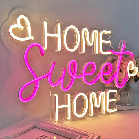Home Sweet Home Neon Sign For Modern Home Decor Wall Art For Living Room Bedroom And Apartment To Elevate Your Cozy Vibe With Dimmer Switch And Included Power Adapter lit up on a table