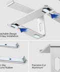 Collage of aluminum laptop stand components, showing detachable design, anti-slip rubber, and precision cut for 10 to 15.6 inch laptops.
