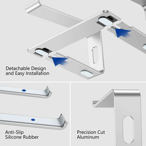 Collage of aluminum laptop stand components, showing detachable design, anti-slip rubber, and precision cut for 10 to 15.6 inch laptops.