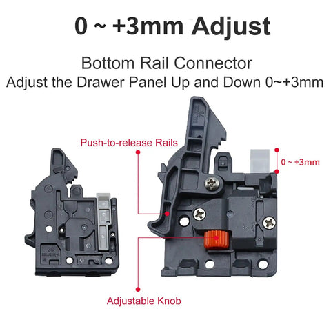 Adjustable knob and bottom rail connector of Push To Open Undermount Drawer Slides With Full Extension Three Section Rails