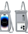 Rugged Waterproof Phone Pouch With Clear Touchscreen Window showing a smartphone, adjustable lanyard, universal fit for devices up to 6.8 inches.