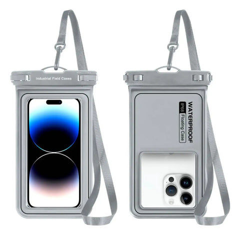 Rugged Waterproof Phone Pouch With Clear Touchscreen Window showing a smartphone, adjustable lanyard, universal fit for devices up to 6.8 inches.