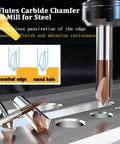 Close-up of 3-Flute carbide chamfer end mill, 1/4 in shank, TiSin-coated for alloy and hardened steel, Amazon BISS