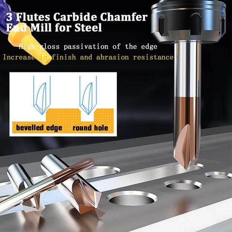 Close-up of 3-Flute carbide chamfer end mill, 1/4 in shank, TiSin-coated for alloy and hardened steel, Amazon BISS