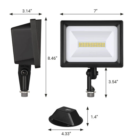 Dimensions of Two Pack 34W Outdoor LED Flood Lights With 3200 Lumens 5000K Brightness IP65 Waterproof Knuckle Mount shown