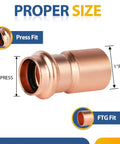 Top Shelf 100 Pack Lead Free Copper Press Fittings 1 Inch By 3/4 Inch Reducing Coupler heavy duty plumbing connector with measurements.