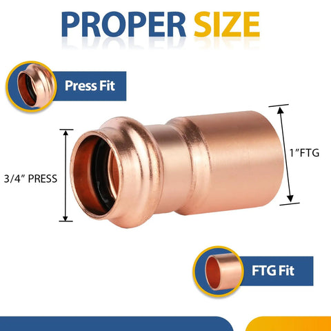 Top Shelf 100 Pack Lead Free Copper Press Fittings 1 Inch By 3/4 Inch Reducing Coupler heavy duty plumbing connector with measurements.
