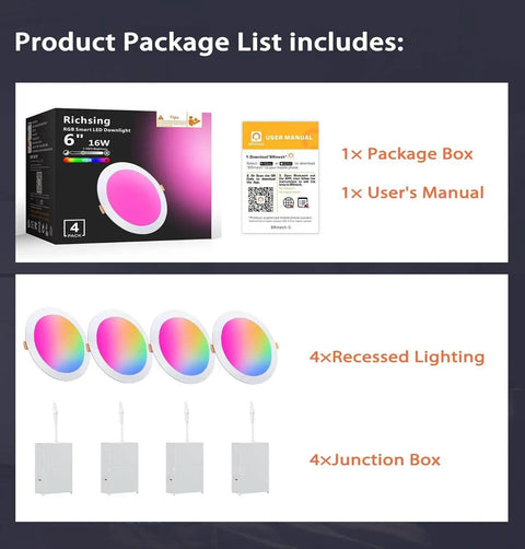 Product Package List for 6 Inch Canless LED Recessed Lights 4 Pack with Junction Box RGBCW 16W 1350lm Dimmable 2700K to 6000K