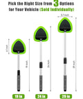 XINDELL windshield cleaner tool with extended aluminum handle and green microfiber triangular pad; three sizes shown: 19in, 24in, 29in.