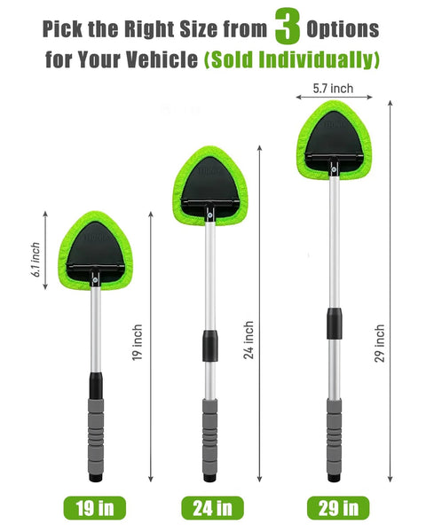 XINDELL windshield cleaner tool with extended aluminum handle and green microfiber triangular pad; three sizes shown: 19in, 24in, 29in.