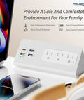 Slick Desk Edge Mount Power Strip Boasting Fast USB-C Charging, Three AC Outlets Plus Extra USB-A Ports on white surface with devices.