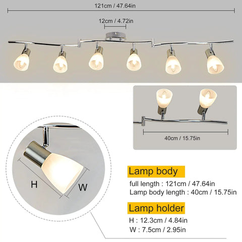 Six-Light Flexible Track Lighting Rail With Glass Shade LED Spot Ceiling Lights, modern brushed steel finish, rotatable heads