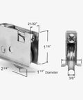 Two Pack Sliding Patio Door Roller Assembly For Wood Glass Doors Part Number 0C8P0001 Compatible From 1992 To Present One And A Half Inch Steel Ball Bearing Edge Adjustable Stainless Steel Housing With Flange, front and side view with measurements