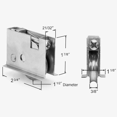 Two Pack Sliding Patio Door Roller Assembly For Wood Glass Doors Part Number 0C8P0001 Compatible From 1992 To Present One And A Half Inch Steel Ball Bearing Edge Adjustable Stainless Steel Housing With Flange, front and side view with measurements