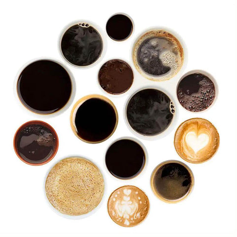 Top view of various coffee cups and frothy latte art from an Automatic Espresso Machine With Auto Clean And LatteGo Milk System.