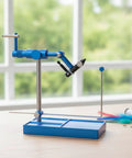 Adjustable Head Fly Tying Vise With Hardened Steel Hook Holder Non Slip Desk Bench Tool Black Finish Durable High End Desktop Vise For Fly Fishing Easy Knurled Adjustments Precise Sturdy Crafting, blue metal base