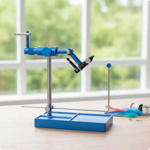 Fly Tying Vise With Adjustable Head And Hardened Steel Hook Holding, Pro Grade Compact Desktop Bench Tool With Scale, Silver Finish For Precision Fly Tying And Secure No Slip Hook Grip on blue desktop base