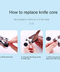 Instructions for replacing knife core step-by-step with images showing hand tools and fingers doing the process.