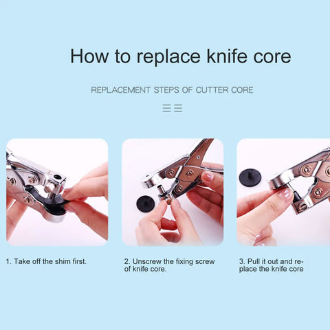 Instructions for replacing knife core step-by-step with images showing hand tools and fingers doing the process.