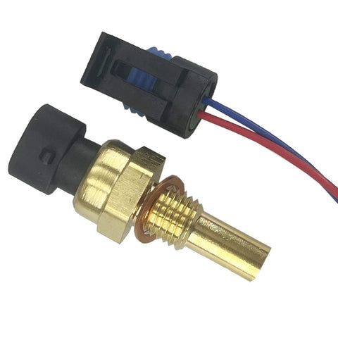Engine coolant temperature sensor with pigtail connector; brass threaded sensor with red and blue wires.
