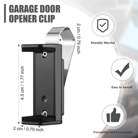 Universal Car Garage Remote Visor Clip Holder For 1.7 To 2.8 Inch Remotes, shown with measurements and features
