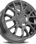 Vision gunmetal 15x6.5 wheel rim, 4x100 bolt pattern, +38mm offset, angled front view