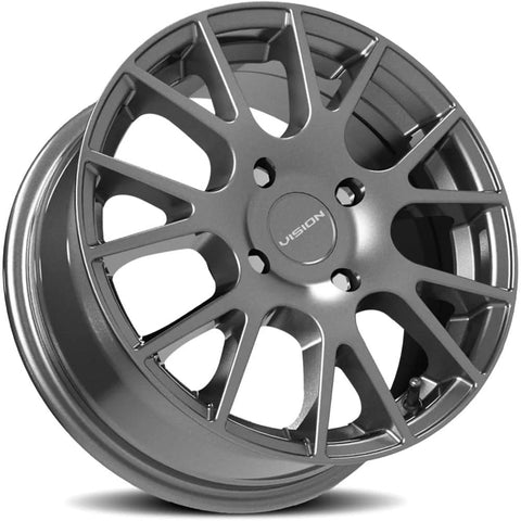 Vision gunmetal 15x6.5 wheel rim, 4x100 bolt pattern, +38mm offset, angled front view