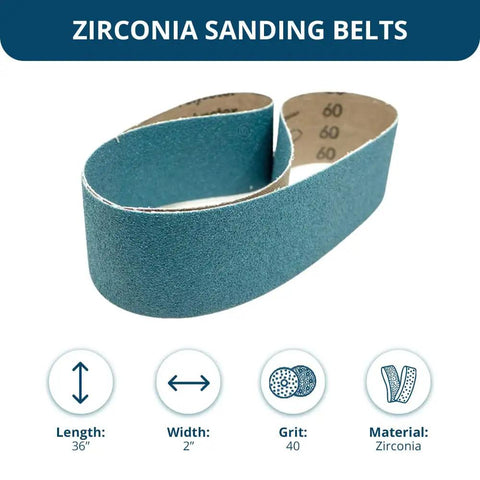 Tough As Nails Zirconia Sanding Belts 2 X 36 Inch For Belt Grinders Rip Through Steel Deburr Polish Sharp Blades Killer Finish For Knife Making Bench Stands Bang For Your Buck 6 Pack 40 Grit, showcasing a flexible 40 grit zirconia abrasive belt.