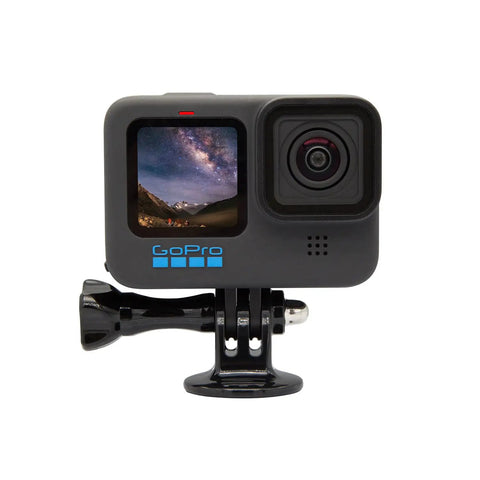 Front view of GoPro on Beefy Universal Action Camera Tripod Mount Adapter For GoPro Hero 13 12 11 10 9 8 7 6 5 4 3 3 Plus Session Lite Hero Max Fusion And Other Brands Like Akaso DJI Osmo Action And Insta360.