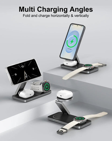 3-In-1 Magnetic Wireless Charging Station For Galaxy Phones Watches And Buds, Fast MagSafe Style Stand on desk with devices