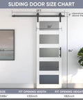 Sliding Glass Barn Door 30x84 Inches With 5 Ft Hardware Kit And Handle Included, shown in size chart with frosted panels.