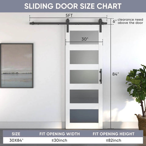 Sliding Glass Barn Door 30x84 Inches With 5 Ft Hardware Kit And Handle Included, shown in size chart with frosted panels.
