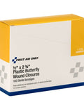 First Aid Only butterfly wound closures, 1/2 x 2 3/4 in, plastic, box of 100 sterile bandages
