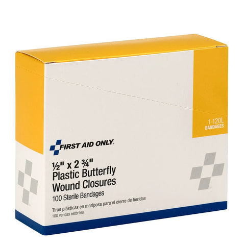 First Aid Only butterfly wound closures, 1/2 x 2 3/4 in, plastic, box of 100 sterile bandages