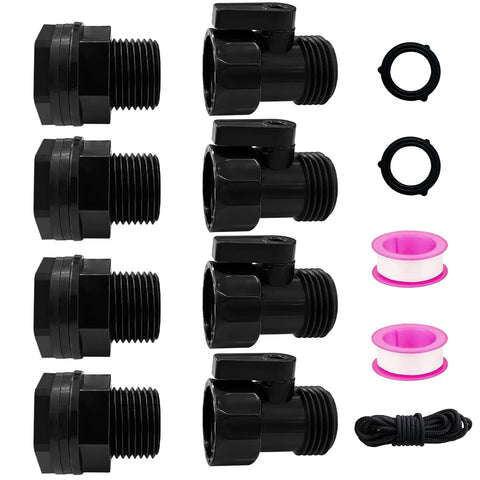 Four Pack Rain Barrel Spigot Kit With Three Quarter Inch Garden Hose Shut Off Valves And Three Quarter Inch GHT Bulkhead Fittings