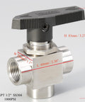 Three Way Ball Valve L Port 1/2 Inch NPT 304 Stainless Steel Barstock Heavy Duty 10mm Reduced Port 1000 PSI Diverter Valve
