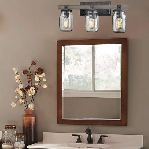 Mason Jar Wall Sconce With Faux Distressed Metal Finish, 3 Light Bath Vanity Lighting For Bedroom And Bathroom, ETL Listed Hardwired