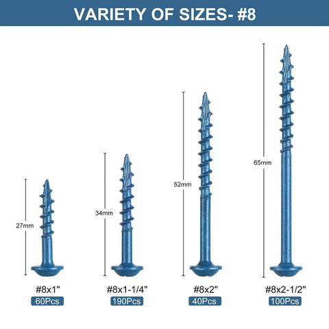 Pocket Hole Screws Assortment Kit With 390 Pieces In Four Sizes 1 Inch 1 And A Quarter Inch 2 Inch 2 And A Half Inch display