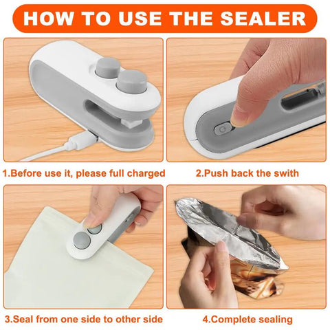 Step-by-step guide using 2 In 1 Chip Bag Heat Sealer With USB Rechargeable Vacuum Function, Portable Handheld Snack Bag Sealing Machine For Home Use, Magnetic Back, Fast Heating, Compact Design Keeps Snacks Fresh For Longer