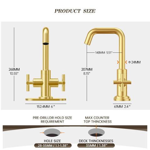 Brushed Gold 2-Handle 4 Inch Centerset Bathroom Faucet dimensions with drain deck plate and supply hoses details.
