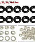 Top Notch Adjustable Plastic Eyelet Fasteners With 15 Millimeter Inner And 28 Millimeter Outer Fit Perfect For Canvas Repair And Fabric Patching In A Hella Strong 50 Piece Kit, black and white eyelet fasteners.