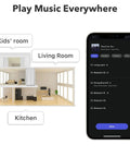 AirPlay 2 Wireless Audio Streamer for Multiroom Stereo and TV Audio Preamplifier interface on smartphone, diagram of house zones.
