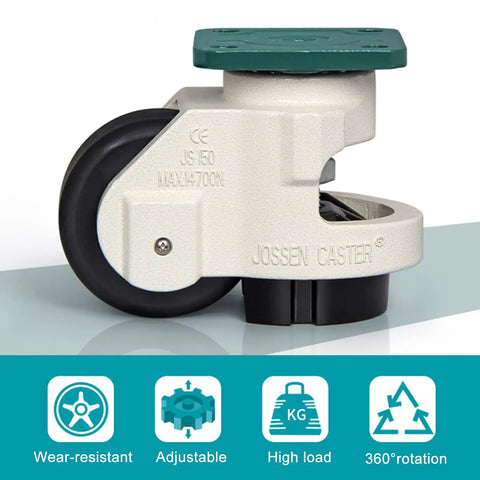 Pack Of Four Retractable Leveling Casters For Rock Solid Swivel Furniture Casters Featuring Quiet Nylon Rollers, detailed view of sturdy caster with adjustable base.