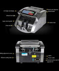 Hassle Free Money Counter With Advanced Infrared Bill Detector Fast Sorting Machine showing front and back view with LCD and metal features.