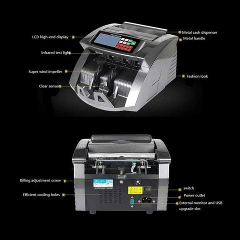 Hassle Free Money Counter With Advanced Infrared Bill Detector Fast Sorting Machine showing front and back view with LCD and metal features.